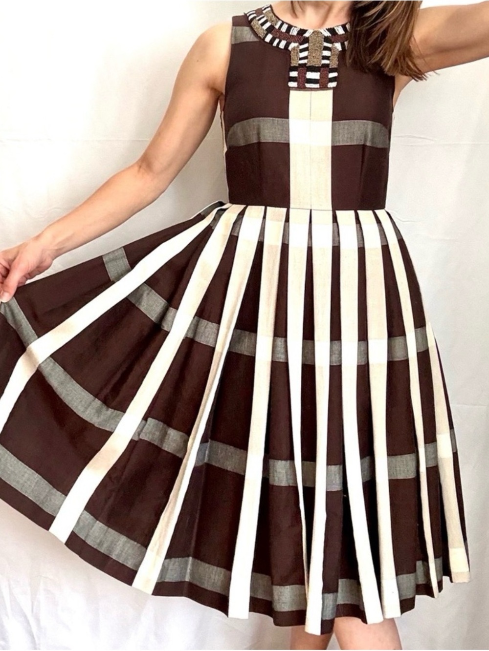 Anthropologie Maeve brown and White Striped Sleeveless fit and flare Midi Dress - Picture 3 of 12